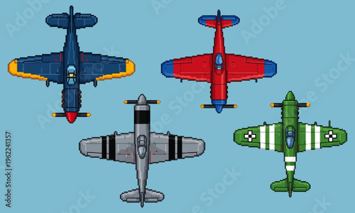 Four vintage military planes fly together in a clear blue sky with distinct colorful designs on each aircraft.
