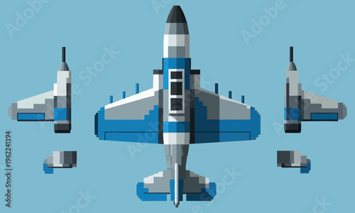 The blue and gray airplane disassembles into multiple parts in mid-air with a clear view.