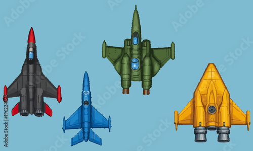 Four colorful model airplanes are flying in the sky with different designs and colors.