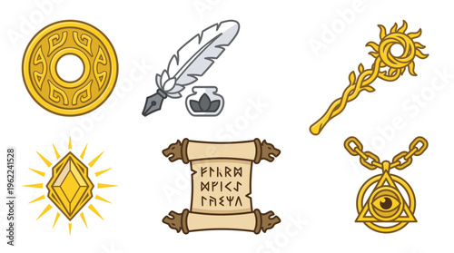 A set of fantasy magic items for RPG games. Includes a magic scroll, coin, quill, crystal, staff, and amulet. Vector icons for adventure, quest, or fantasy-themed projects.