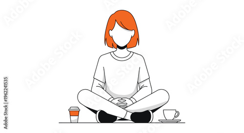 A faceless woman with orange hair sits cross-legged between a coffee cup and a teacup on a white background.