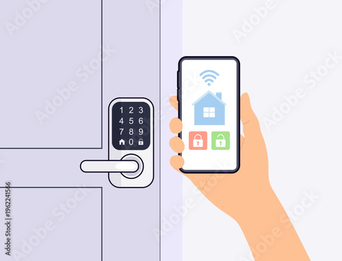 Hand holding a smartphone near a smart door lock, using a mobile app for wireless access control, home security and keyless entry.