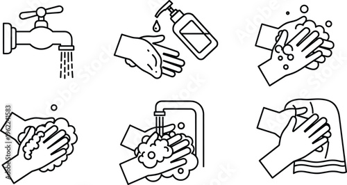 Proper Hand Hygiene Icon Set Featuring Water Faucet Liquid Soap Dispenser Bubbles and Towel Drying Steps for Health Safety, Transparent Background PNG