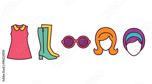 A vector set of colorful 60s mod fashion icons. Includes a dress, go-go boots, sunglasses, and hairstyles. Perfect for retro pop culture or groovy party designs.