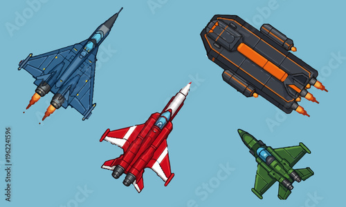 Four fighter jets flying in formation through clear blue skies with varied designs