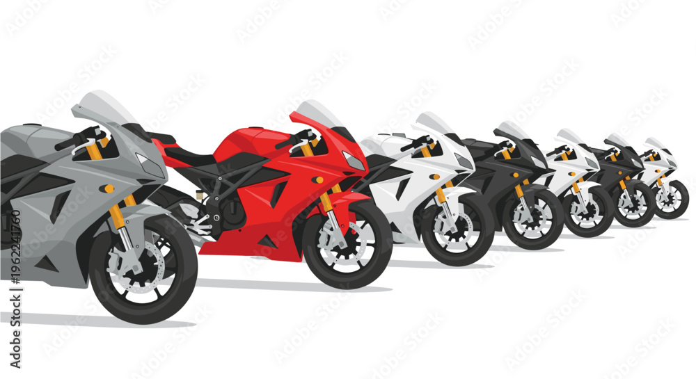 Obraz premium A diagonal line of seven sport motorcycles in grey, red, white, and black are depicted in side profile against a plain white background.