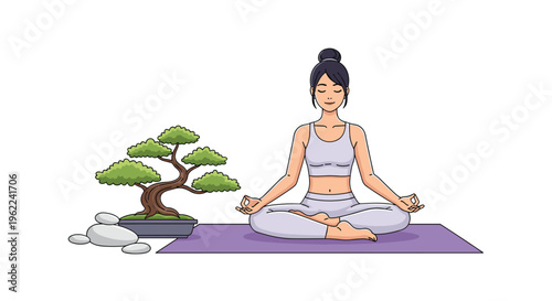 A woman sits in a meditation pose on a purple yoga mat, flanked by a bonsai tree and river stones, against a white background.
