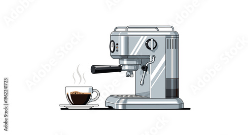 A silver espresso machine with a black portafilter stands beside a steaming cup of dark coffee on a saucer against a white background.