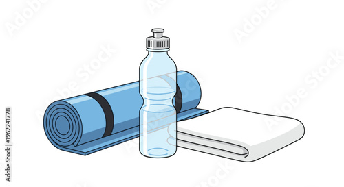 A blue rolled yoga mat, a clear plastic water bottle, and a folded white towel are neatly arranged on a plain white background.