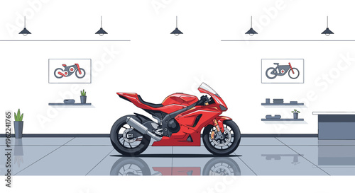 A red sport motorcycle is parked centrally in a modern showroom with a grey tiled floor, white walls, bicycle illustrations, and five overhead lamps.