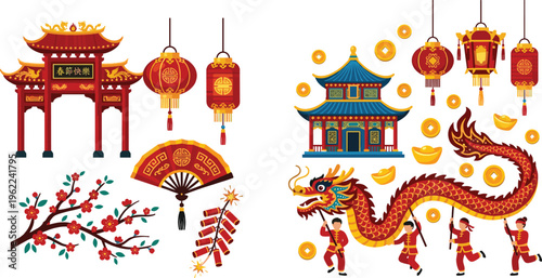 Chinese New Year Festival Illustration Set with Dragon Dance, Lanterns, Pagoda, Firecrackers, and Traditional Asian Celebration Elements for Holiday Design
