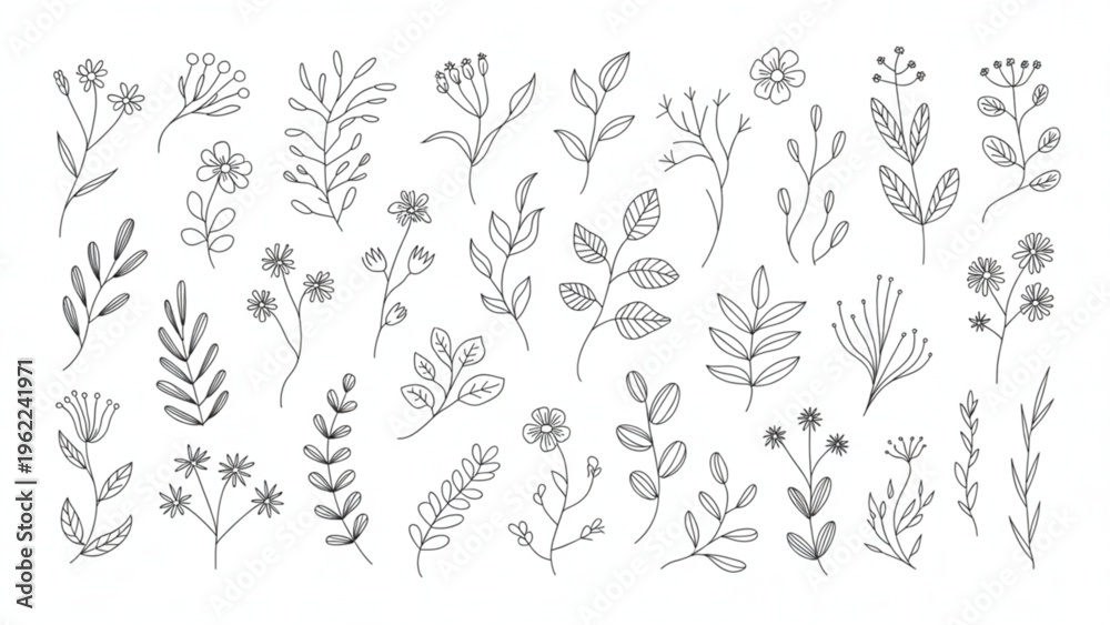 Naklejka premium Collection of hand drawn botanical elements featuring various floral stems leaves and wild flowers Vector