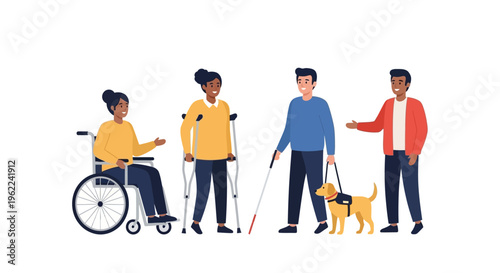 Disability Inclusion: Diverse Individuals, Wheelchair, Crutches, Blind Man with Guide Dog and Helper