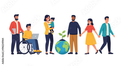 Diverse Global Community: Inclusion, Family, Disability Support & Environmental Care Flat Vector Illustration
