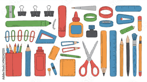 Colorful school supplies and stationery items arranged on white background