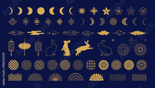 Mid Autumn Festival gold elements set. Chinese traditional ornaments. Line art vector for holiday decor, card, poster, banner. 