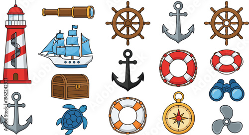 Nautical and Marine Icon Set with Lighthouse, Anchor, Ship Wheel, Lifebuoy, Compass, and Sea Travel Elements for Ocean and Sailing Design