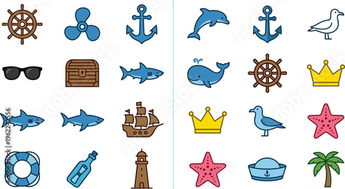 Beach and Nautical Icon Set with Sea Animals, Anchor, Ship Wheel, Shark, Dolphin, Starfish, and Summer Vacation Elements for Travel Design