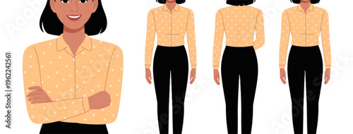 Young woman in a polka dot shirt and black trousers shown from front and back view positions Vector