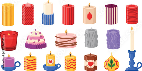 Decorative Candle Collection Vector Set with Aromatic Candles, Different Shapes, Holders and Cozy Home Lighting Illustration