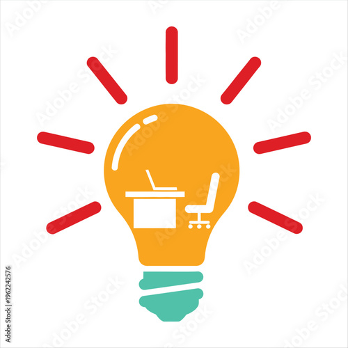 A brightly illuminated lightbulb contains a miniature desk and chair, symbolizing a brilliant idea related to remote work or home office innovation.