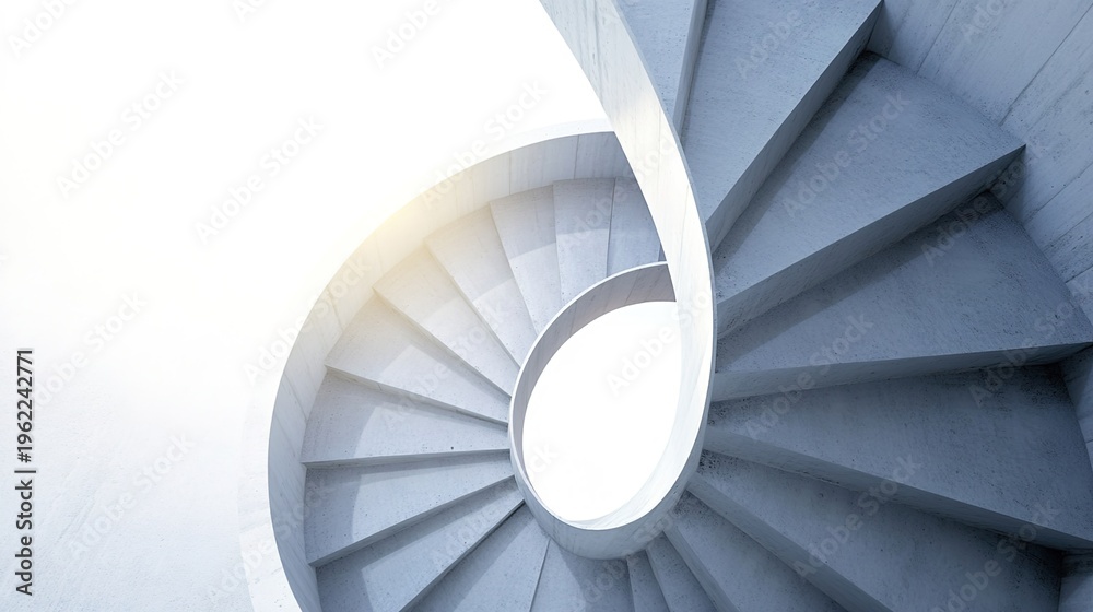 Fototapeta premium narrowing. Aerial view of a spiral staircase structure narrowing towards the top in minimalist concrete architecture. real-estate listings.