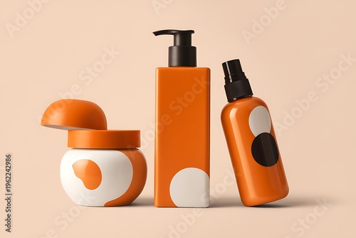 Organic skincare cosmetic product set in orange and white bottles for beauty branding
