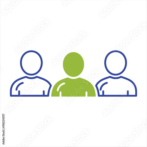 Three simplified user icons show one person highlighted in bright green among two blue outlines, symbolizing selection or difference.