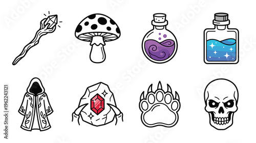 Collection of magic and fantasy vector icons. Features a potion, staff, skull, and gem for RPG games, apps, or stickers. Mystical and adventurous design elements.
