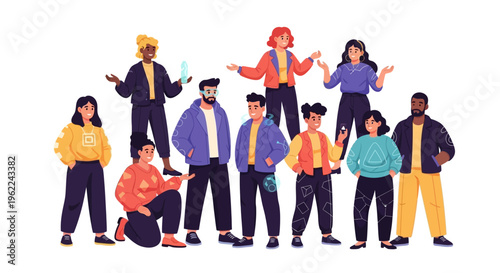 Diverse Group of Modern Young People with Technology - Flat Vector Illustration