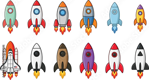 Cartoon Rocket Ship Vector Set with Colorful Spaceships, Space Launch Vehicles, and Futuristic Flight Illustrations for Science, Technology, and Startup Design