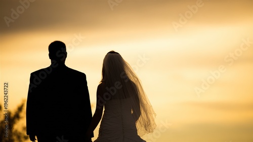 Bride and groom silhouetted against a sunset, capturing a romantic wedding moment.