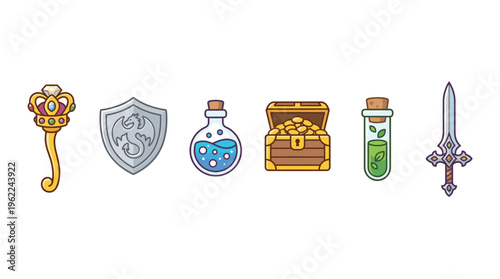 A set of fantasy RPG game icons. Includes a sword, shield, treasure chest, and potions. Perfect for video games, websites, or fantasy themed projects. Vector illustration.