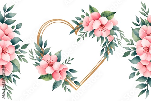 Heart shaped golden frame decorated with pink cherry blossoms and green leaves
