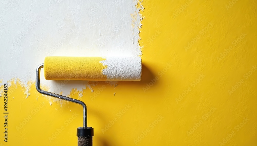 Obraz premium Paint roller applies white color onto yellow wall surface. Home improvement process changes wall color. Renovation work updates interior space.
