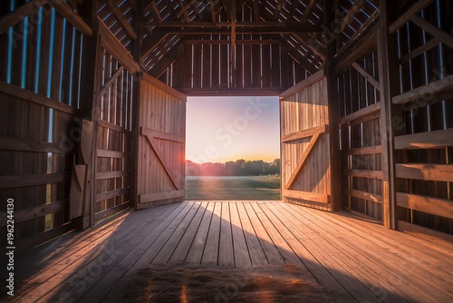 Open wooden barn doors looking out to a beautiful green field and sunset landscape
