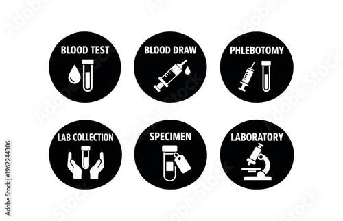 Six black circle medical icons showing blood test tube, syringe, phlebotomy, lab collection hands, specimen vial with tag, and microscope for lab and clinical use.