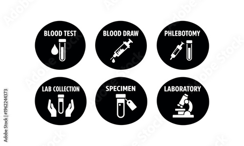Set of six black circular icons for laboratory use showing blood drop and test tube, syringe and droplet, phlebotomy, hand-held tube collection, specimen vial with tag