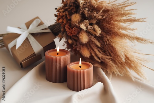 Scented brown candles with gift box and dried flowers for spa and wellness concept
