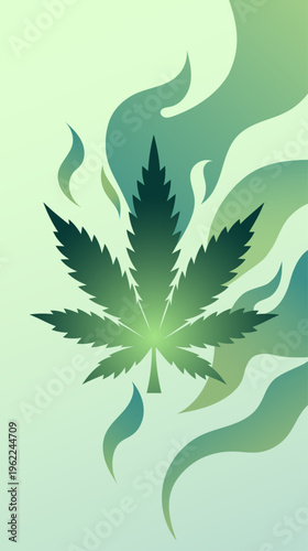 Minimal cannabis leaf with smoke on soft green gradient background for 420 marijuana culture concept