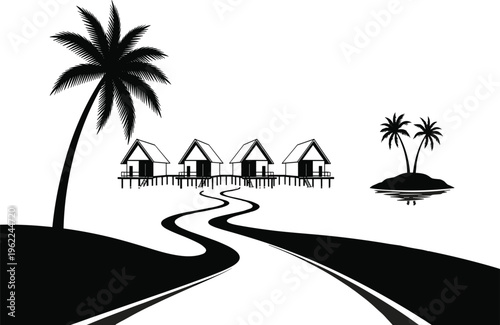 Black and white of tropical island with palm trees and huts on stilts