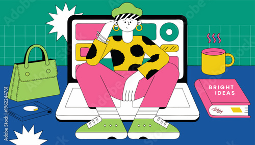 Modern Woman Using Laptop In Vibrant Colorful Setting