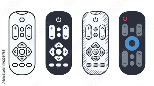 A versatile TV remote control icon set. Includes line, solid, hand-drawn, and flat color styles for UI/UX design, web, or smart home technology applications.