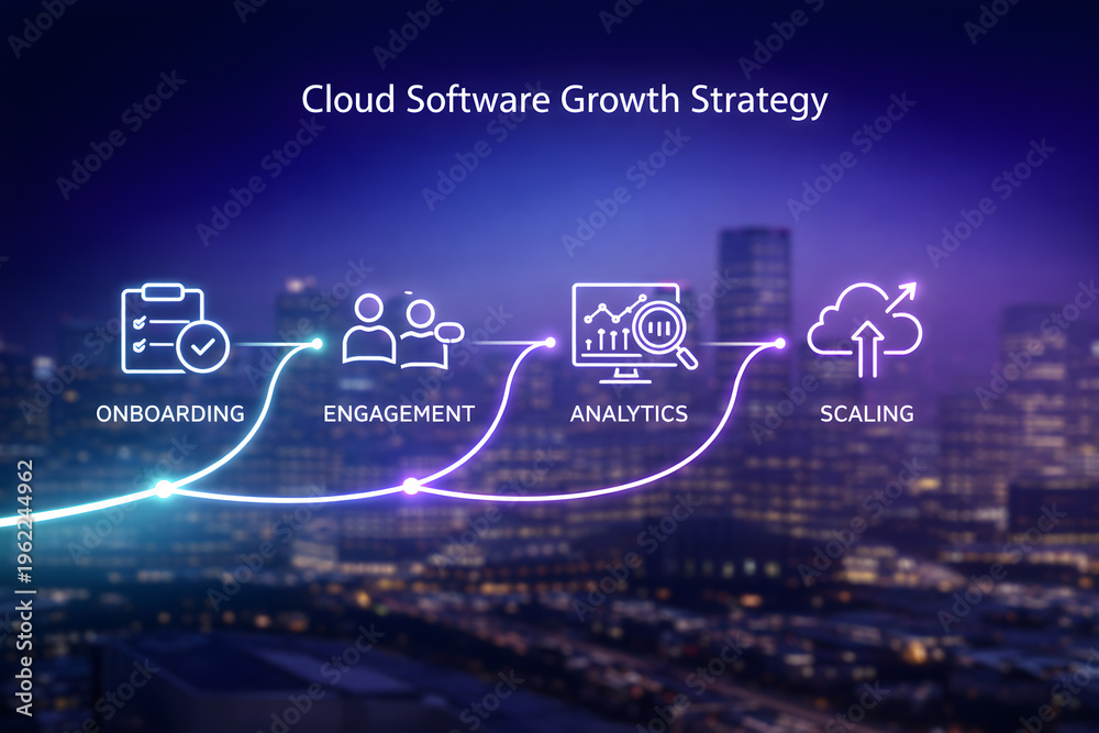 Fototapeta premium Cloud Software Growth Strategy Concept with Onboarding Engagement Analytics and Scaling Icons over City Background