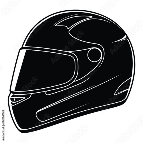 A black and white illustration of a modern motorcycle helmet