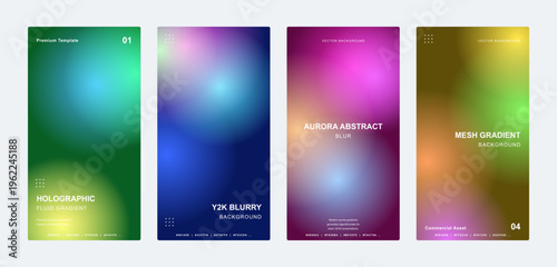 Holographic mesh gradient background set, aurora abstract blurry textures for mobile screens, Y2K aesthetic colorful vertical banners, vibrant soft focus fluid gradient vector collection