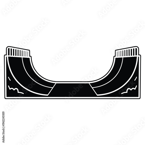 Black and white illustration of a u shaped skatepark ramp design