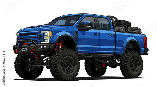 Blue Pickup Truck with Large Tires.