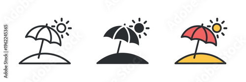 Beach Umbrella Silhouette with Sun Icons on Sand Minimalist Flat Design for Summer Vacation