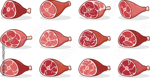 Raw Meat Cuts Illustration Set with Ham, Pork Legs, Butcher Cuts, and Fresh Red Meat Pieces for Food Industry and Cooking Design